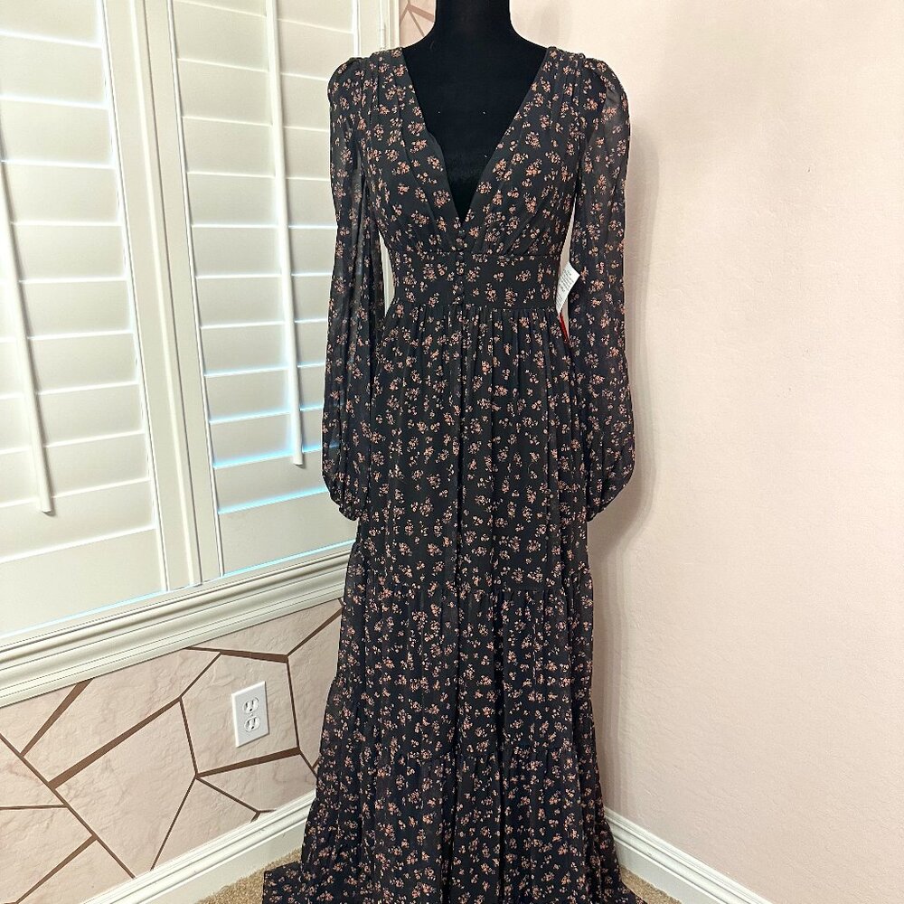 NWT Mac Duggal  Floral Tiered Long Sleeve Maxi Gown - Black Size  NEW $398